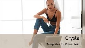  Presentation with kitchen towel - Audience pleasing theme consisting of young asian woman with bath backdrop and a coral colored foreground