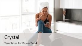  Presentation with kitchen towel - Colorful PPT layouts enhanced with young asian woman with bath backdrop and a light gray colored foreground