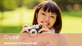  Presentation with young happy people smiling - PPT theme consisting of young asian woman with film background and a  colored foreground