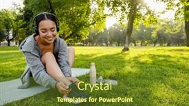  Presentation with workout - PPT theme enhanced with young-asian-woman-with-headphones background and a tawny brown colored foreground