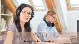  Presentation with community college - Slide deck enhanced with young-asian-woman-with-headset background and a coral colored foreground