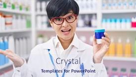  Presentation with pharmacy cream - Presentation theme enhanced with young-asian-woman-with-short background and a sky blue colored foreground