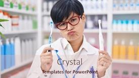  Presentation with woman crying - Presentation theme having young-asian-woman-with-short background and a  colored foreground