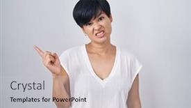  Presentation with forefinger - Slides having young-asian-woman-with-short background and a light gray colored foreground