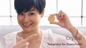  Presentation with cryptocurrency - PPT theme enhanced with young-asian-woman-with-short background and a coral colored foreground