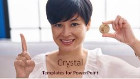  Presentation with cryptocurrency - PPT layouts featuring young-asian-woman-with-short background and a coral colored foreground