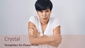  Presentation with sad woman - PPT theme consisting of young-asian-woman-with-short background and a coral colored foreground