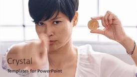  Presentation with cryptocurrency - Theme enhanced with young-asian-woman-with-short background and a coral colored foreground