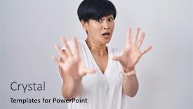  Presentation with panic - PPT theme with young-asian-woman-with-short background and a light gray colored foreground