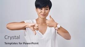  Presentation with conflict - PPT theme consisting of young-asian-woman-with-short background and a light gray colored foreground