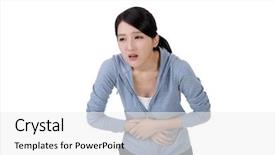  Presentation with woman in pain - Beautiful slide deck featuring young asian woman with stomach backdrop and a  colored foreground