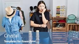  Presentation with working - PPT theme consisting of young-asian-woman-working background and a teal colored foreground