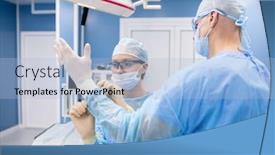  Presentation with medical assistant - Presentation theme with young assistant in uniform helping surgeon put on medical gloves before operation in hospital background and a light blue colored foreground