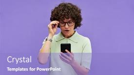  Presentation with news - Slide deck consisting of young-astonished-woman-in-casualwear background and a light blue colored foreground