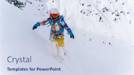  Presentation with snowboard - PPT theme with young athlete girl in helmet and mask is riding on snowboard on snowy slope background and a sky blue colored foreground