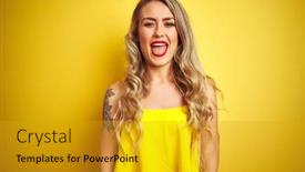  Presentation with emotion - PPT theme with young attactive woman wearing t-shirt standing over yellow isolated background sticking tongue out happy with funny expression emotion concept background and a gold colored foreground