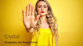  Presentation with hand palm - Beautiful presentation design featuring young-attactive-woman-wearing-t backdrop and a gold colored foreground