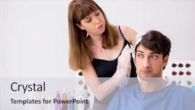  Presentation with barber - Amazing theme having tin foil - young attracrive man visiting female backdrop and a  colored foreground