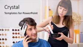  Presentation with barber - PPT theme having young attracrive man visiting female barber background and a white colored foreground