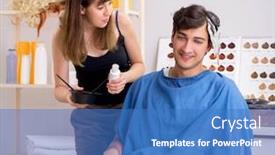  Presentation with barber - Audience pleasing slides consisting of young-attracrive-man-visiting-female backdrop and a teal colored foreground