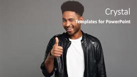  Presentation with american - Presentation theme having young attractive afro american boy in leather jacket winks one eye while showing thumb up gesture isolated on gray background background and a gray colored foreground