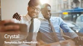  Presentation with lunch - Colorful PPT layouts enhanced with young attractive bearded manager in glasses and his smiling handsome african-american colleague posing for a selfie while having lunch break in cafe backdrop and a coral colored foreground