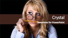  Presentation with geek - Presentation design enhanced with young attractive blonde female in geek glasses eats yellow pencil stress pressure concept studio shoot isolated on black background and a tawny brown colored foreground
