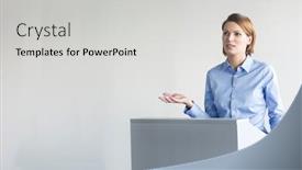 Presentation with speaker - PPT theme enhanced with young-attractive-business-speaker-standing background and a light gray colored foreground