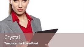  Presentation with touch screen - Slide deck with young attractive business woman uses a mobile tablet computer with touch screen background and a coral colored foreground