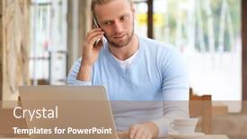  Presentation with lunch - Slide deck having young attractive businessman having lunch and working in a cafe background and a coral colored foreground