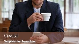  Presentation with lunch - PPT layouts having young attractive businessman having lunch and working in a cafe background and a tawny brown colored foreground