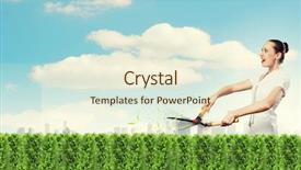  Presentation with green lawn - PPT layouts enhanced with young attractive businesswoman cutting green lawn greenery concept background and a cream colored foreground