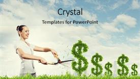  Presentation with young plant - Amazing slide set having young attractive businesswoman cutting plant in shape of dollar backdrop and a light blue colored foreground