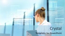  Presentation with format for abstract - Presentation theme consisting of young attractive businesswoman over abstract virtual background background and a light blue colored foreground
