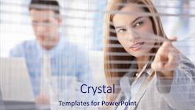  Presentation with blind - Audience pleasing slide deck consisting of young attractive businesswoman peeping through blind from bright meeting room backdrop and a lemonade colored foreground