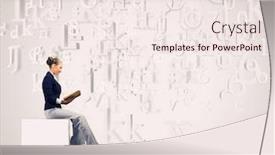  Presentation with cube - Cool new slide deck with young attractive businesswoman sitting on white cube and reading backdrop and a sky blue colored foreground