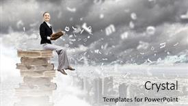  Presentation with old young - Cool new PPT layouts with young attractive businesswoman sitting on pile of old books reading backdrop and a light gray colored foreground
