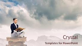  Presentation with old young - Presentation design with young attractive businesswoman sitting on pile of old books reading background and a lemonade colored foreground