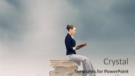  Presentation with old young - PPT theme having young attractive businesswoman sitting on pile of old books reading background and a mint green colored foreground