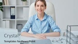  Presentation with front desk - Theme with young-attractive-businesswoman-with-blond background and a light blue colored foreground