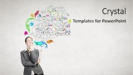  Presentation with paint brush - Amazing presentation theme having young attractive businesswoman with paint brush and colorful business sketches backdrop and a light gray colored foreground