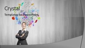  Presentation with paint brush - Beautiful presentation theme featuring young attractive businesswoman with paint brush and colorful business sketches backdrop and a light gray colored foreground