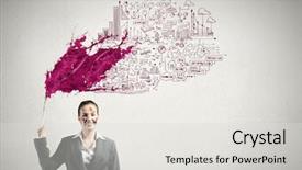  Presentation with paint brush - PPT theme with young attractive businesswoman with paint brush and colorful business sketches background and a light gray colored foreground
