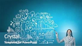  Presentation with wall paint - Cool new theme with young attractive businesswoman with paint brush and business sketches on wall backdrop and a teal colored foreground