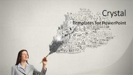  Presentation with wall paint - Cool new theme with young attractive businesswoman with paint brush and business sketches on wall backdrop and a light gray colored foreground