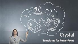  Presentation with wall paint - Cool new PPT layouts with young attractive businesswoman with paint brush and business sketches on wall backdrop and a gray colored foreground