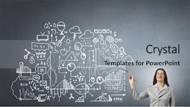  Presentation with wall paint - Cool new theme with young attractive businesswoman with paint brush and business sketches on wall backdrop and a light gray colored foreground