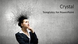  Presentation with thoughts - Cool new slides with doubt thinking female decision expression - young attractive businesswoman with thoughts backdrop and a light gray colored foreground