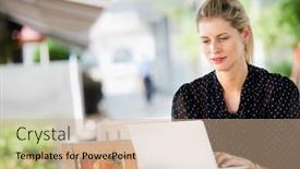  Presentation with cafeteria - Presentation theme enhanced with young attractive caucasian woman uses a laptop outdoors at a cafeteria background and a coral colored foreground
