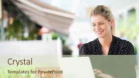  Presentation with cafeteria - Beautiful slides featuring young attractive caucasian woman uses a laptop outdoors at a cafeteria backdrop and a soft green colored foreground